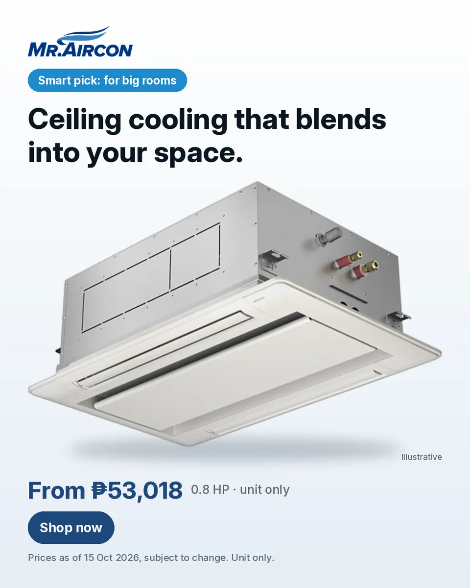 Mr. Aircon ad. A Hitachi 2-Way Cassette (RCD) ceiling cassette aircon, a manufacturer render labelled Illustrative, on a light background. Headline: 'Ceiling cooling that blends into your space.'. Price: 'From ₱53,018 · 0.8 HP · unit only', with the note 'Prices as of 15 Oct 2026, subject to change. Unit only.' Badge: 'Smart pick: for big rooms'. Button: 'Shop now'.