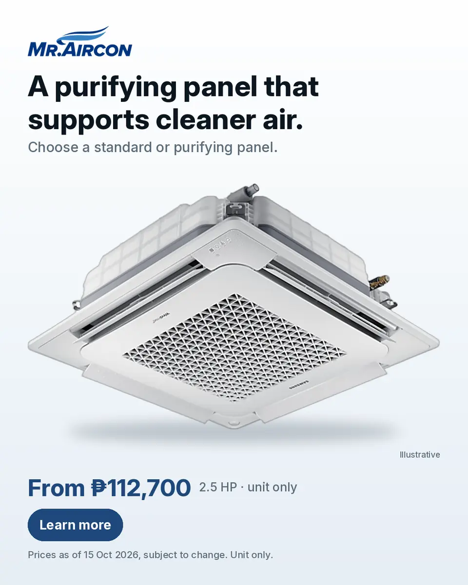 Mr. Aircon ad. A Samsung WindFree 4-Way Cassette ceiling cassette aircon, a manufacturer render labelled Illustrative, on a light background. Headline: 'A purifying panel that supports cleaner air.'. Text: 'Choose a standard or purifying panel.'. Price: 'From ₱112,700 · 2.5 HP · unit only', with the note 'Prices as of 15 Oct 2026, subject to change. Unit only.' Button: 'Learn more'.