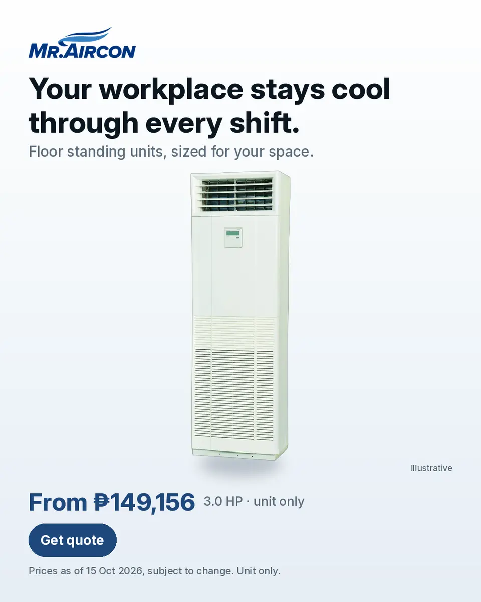 Mr. Aircon ad. A Mitsubishi-Heavy Eco Smart Floor Standing (FDF) floor-standing aircon, a manufacturer render labelled Illustrative, on a light background. Headline: 'Your workplace stays cool through every shift.'. Text: 'Floor standing units, sized for your space.'. Price: 'From ₱149,156 · 3.0 HP · unit only', with the note 'Prices as of 15 Oct 2026, subject to change. Unit only.' Button: 'Get quote'.