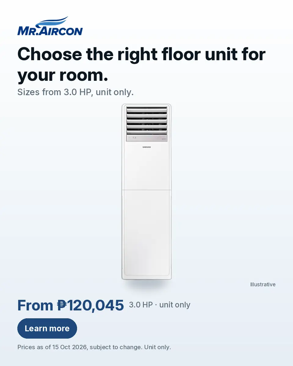 Mr. Aircon ad. A Samsung Packaged Floor-Standing Inverter floor-standing aircon, a manufacturer render labelled Illustrative, on a light background. Headline: 'Choose the right floor unit for your room.'. Text: 'Sizes from 3.0 HP, unit only.'. Price: 'From ₱120,045 · 3.0 HP · unit only', with the note 'Prices as of 15 Oct 2026, subject to change. Unit only.' Button: 'Learn more'.