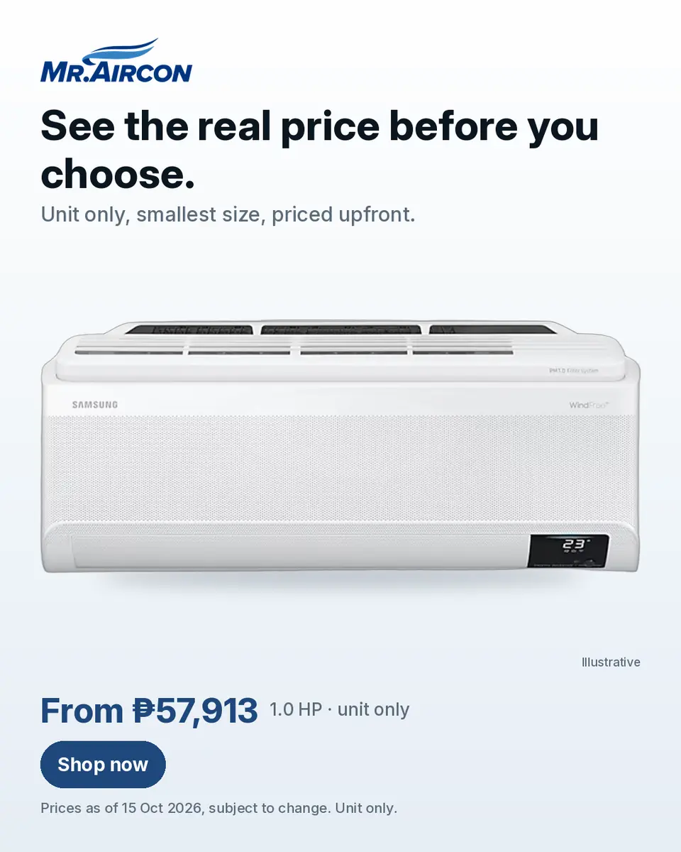 Mr. Aircon ad. A Samsung WindFree Premium Plus wall-mounted split type aircon, a manufacturer render labelled Illustrative, on a light background. Headline: 'See the real price before you choose.'. Text: 'Unit only, smallest size, priced upfront.'. Price: 'From ₱57,913 · 1.0 HP · unit only', with the note 'Prices as of 15 Oct 2026, subject to change. Unit only.' Button: 'Shop now'.