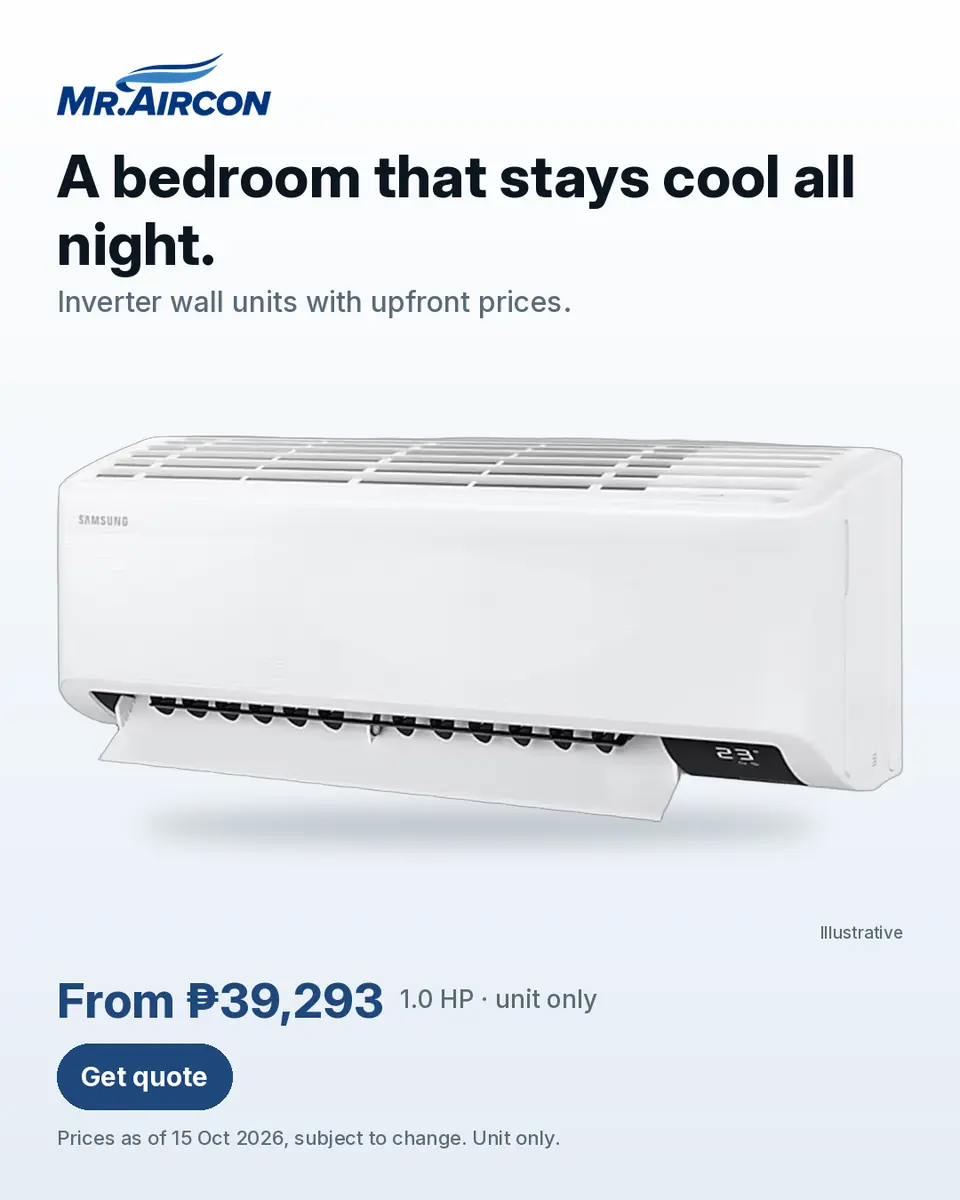 Mr. Aircon ad. A Samsung S-Inverter wall-mounted split type aircon, a manufacturer render labelled Illustrative, on a light background. Headline: 'A bedroom that stays cool all night.'. Text: 'Inverter wall units with upfront prices.'. Price: 'From ₱39,293 · 1.0 HP · unit only', with the note 'Prices as of 15 Oct 2026, subject to change. Unit only.' Button: 'Get quote'.