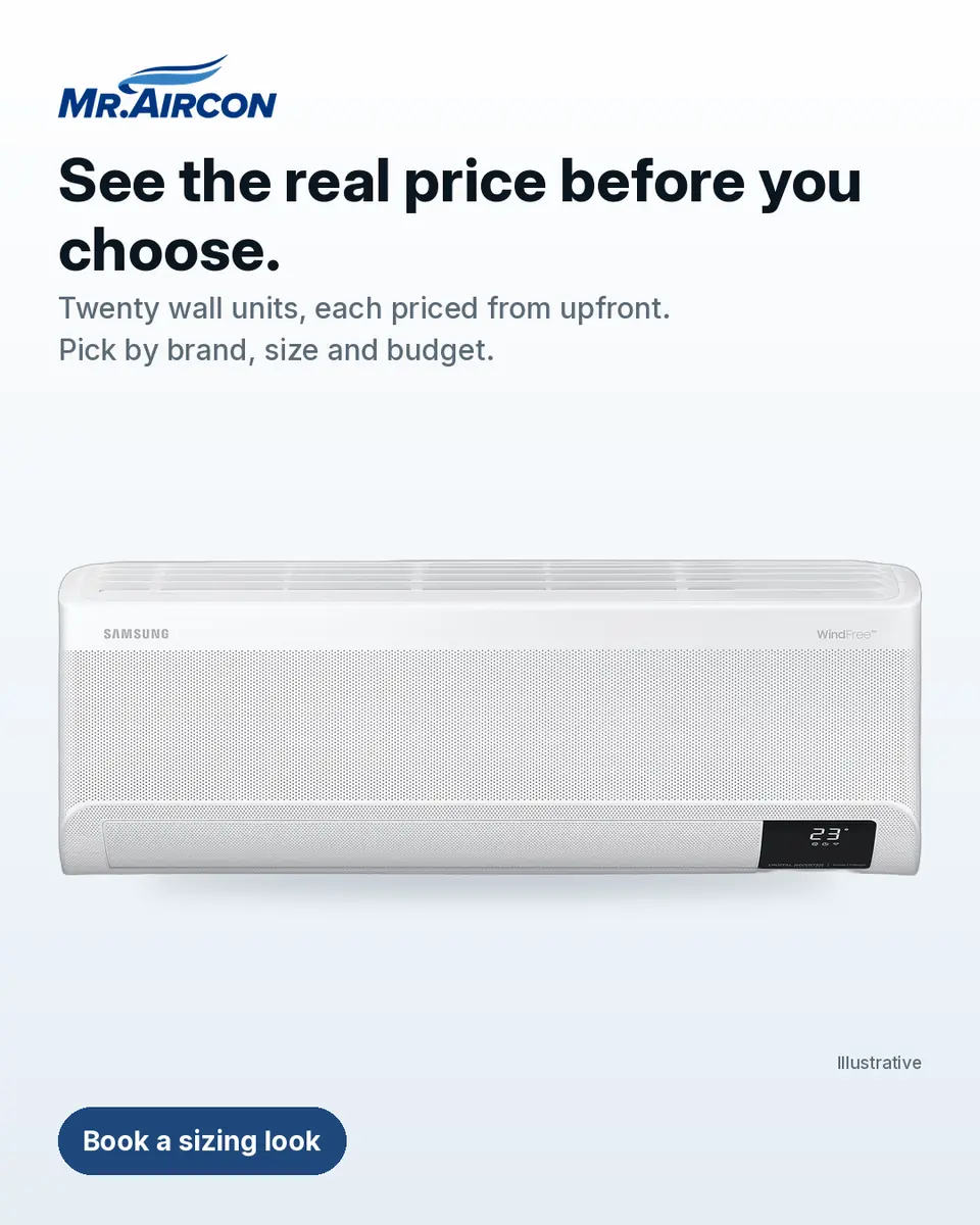 Mr. Aircon post. A Samsung WindFree Premium wall-mounted split type aircon, a manufacturer render labelled Illustrative, on a light background. Headline: 'See the real price before you choose.'. Text: 'Twenty wall units, each priced from upfront. Pick by brand, size and budget.'. Button: 'Book a sizing look'.