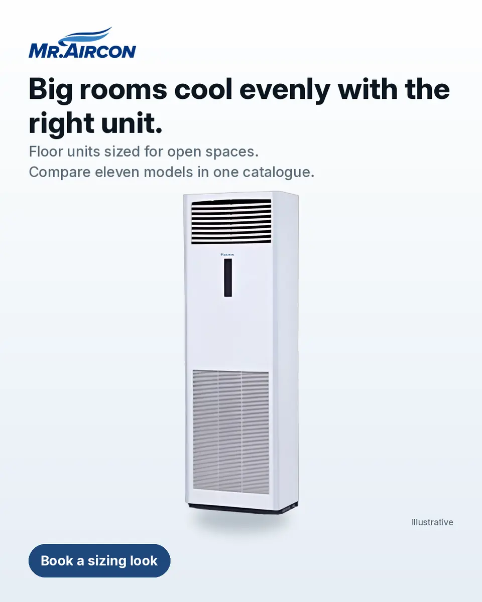 Mr. Aircon post. A Daikin Floor Standing Inverter floor-standing aircon, a manufacturer render labelled Illustrative, on a light background. Headline: 'Big rooms cool evenly with the right unit.'. Text: 'Floor units sized for open spaces. Compare eleven models in one catalogue.'. Button: 'Book a sizing look'.