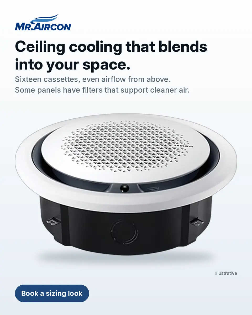 Mr. Aircon post. A Samsung 360 Cassette ceiling cassette aircon, a manufacturer render labelled Illustrative, on a light background. Headline: 'Ceiling cooling that blends into your space.'. Text: 'Sixteen cassettes, even airflow from above. Some panels have filters that support cleaner air.'. Button: 'Book a sizing look'.