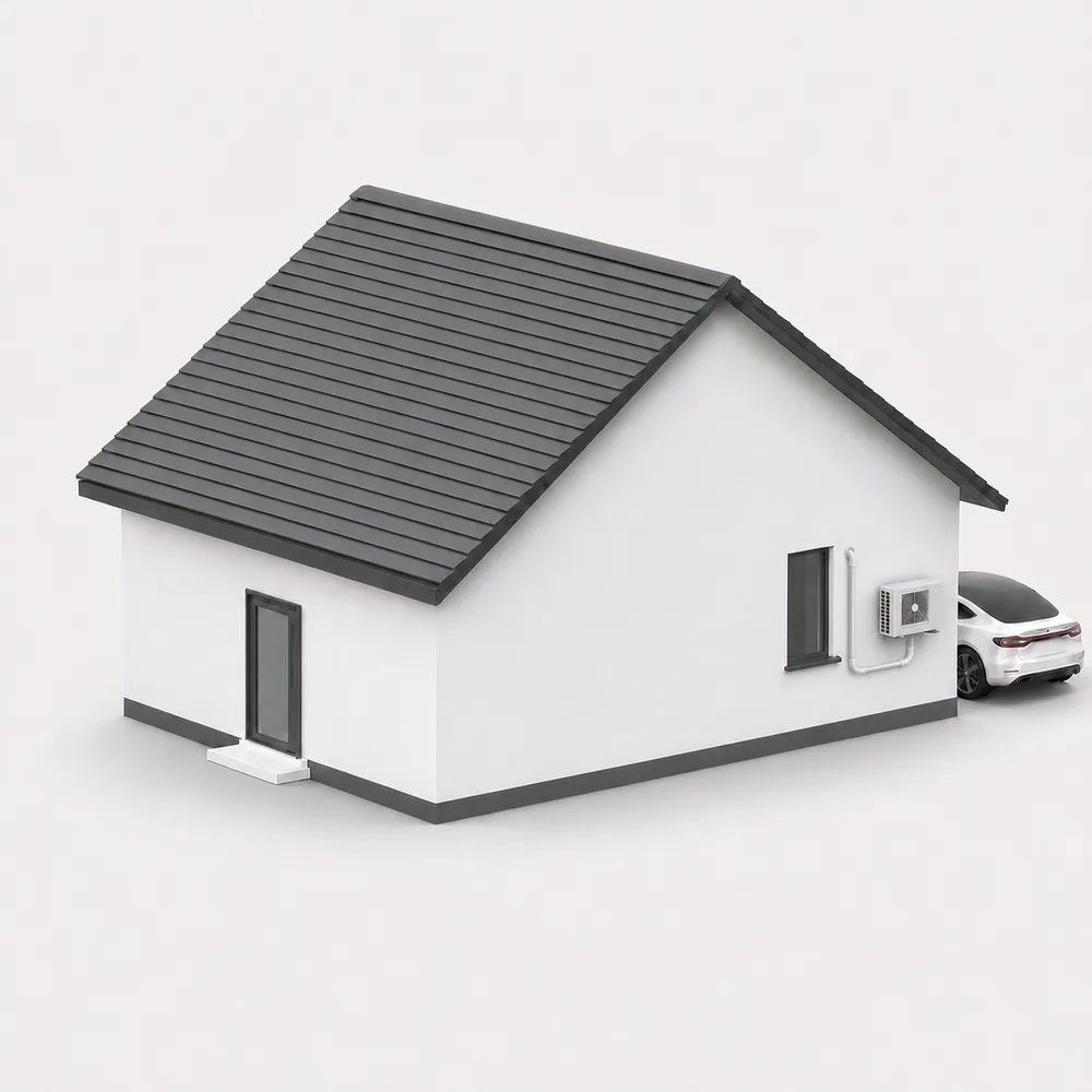 House with the outdoor unit mounted on an outside wall, piping running up to the indoor unit