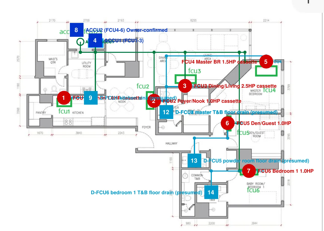 Multi-split aircon floor plan with numbered red indoor unit tags, two outdoor units ACCU1 and ACCU2, green refrigerant pipe routes and blue condensate drain routes