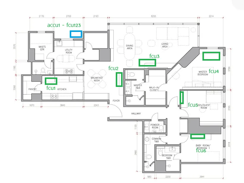 Residential floor plan marked with green boxes for six aircon indoor units (FCU1 to FCU6) and a blue box for the outdoor unit beside the utility room