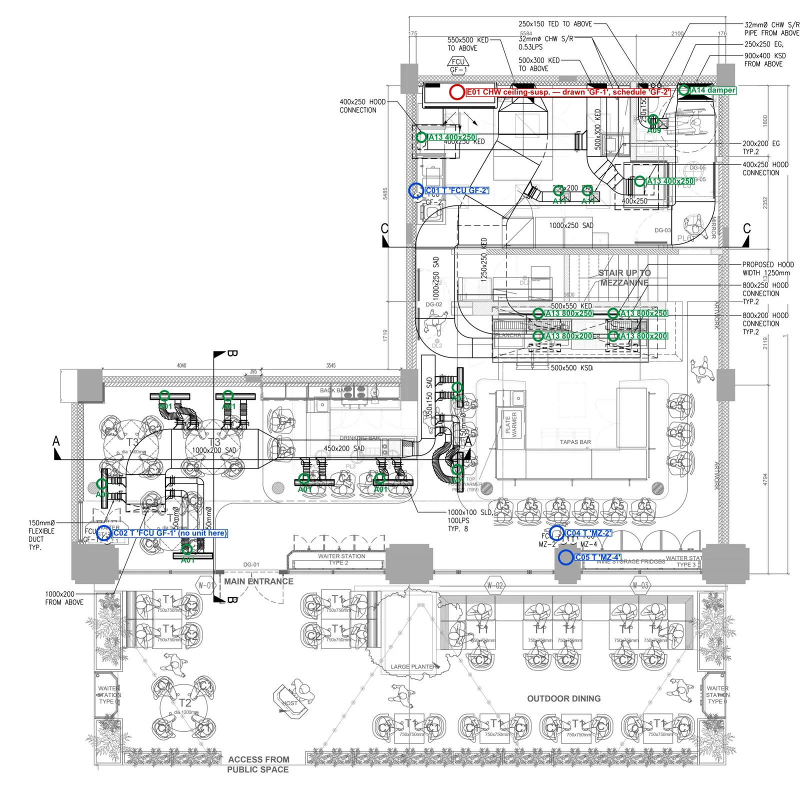 Restaurant ground floor HVAC plan with ductwork, marked with red equipment tags, blue thermostat tags and green duct accessory tags