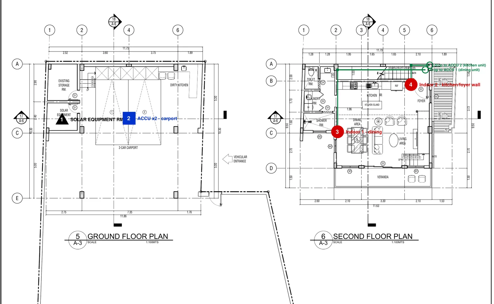 Ground floor and second floor house plans with aircon marks: outdoor units at the carport, indoor units in the dining area and kitchen foyer wall, and green pipe routes